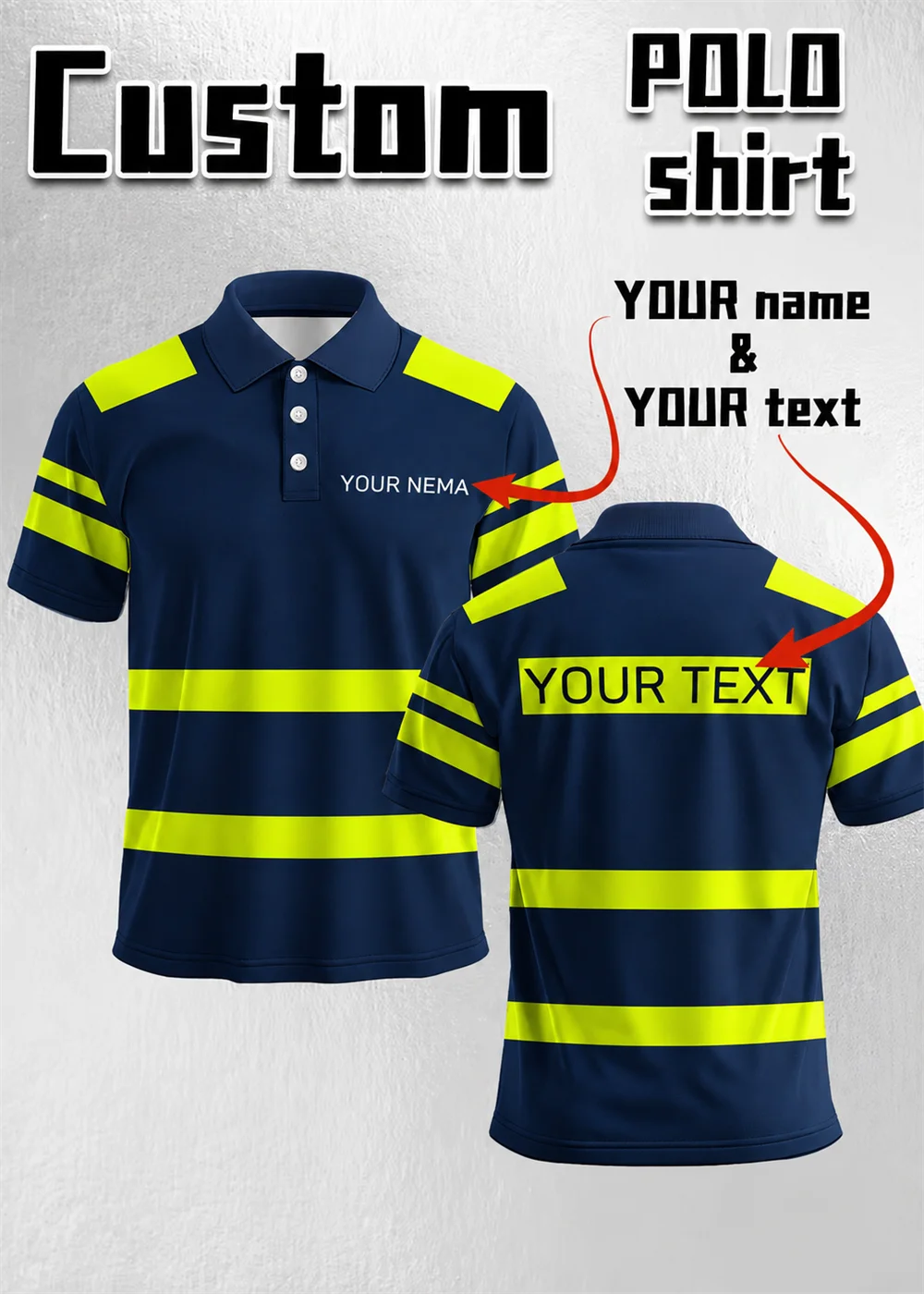Personalized Name & Text Polo Jersey Striped Sublimation Short Sleeve Tee For Team Matching Uniform Clothing （Non-reflective）