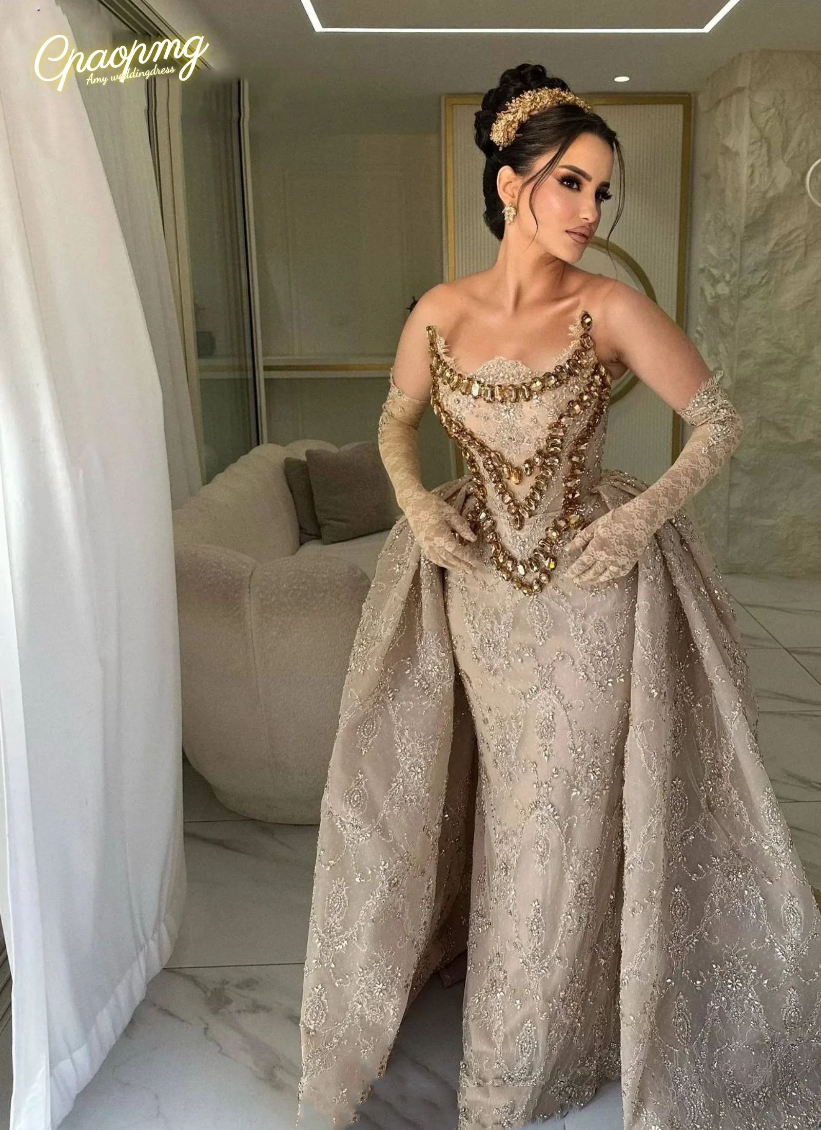 

Индивидуальные вечерние платья из двух частей цвета шампань с кружевом, со съемным шлейфом, без бретелек и рукавов, Robes De Soirée