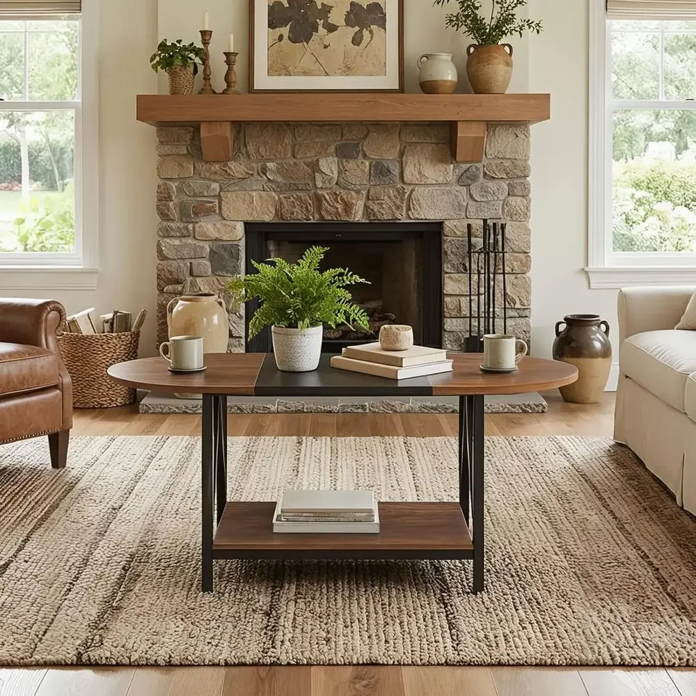 Coffee Table or Living Room, 2-Tier Oval Coffee Table, Industrial Centre Table with Open Shelf, Small Space, Home Office and Din