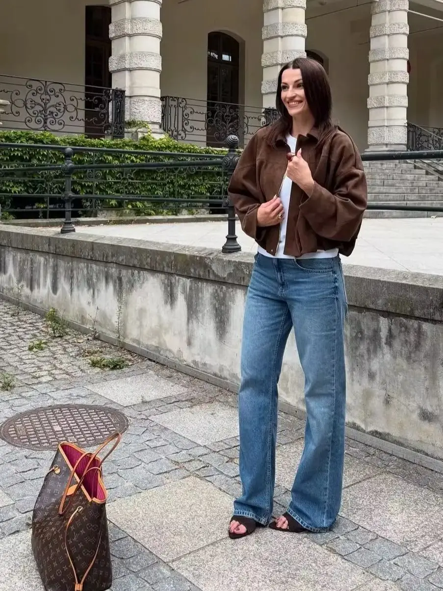 2026 Autumn Faux Suede Collared Jacket Women Shoulder Straps Loose Fit Stylish Crop Top Female Casual Brown Windbreaker Coats
