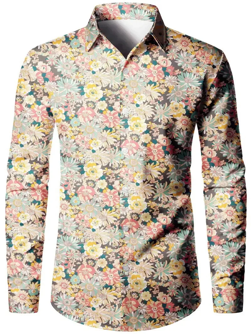 

Retro 70s Floral Shirt Long Sleeve Lapel Button Autumn Y2K Hawaiian Blouse Vintage Fashion Streetwear Casual Top Tee