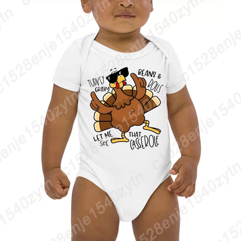 Cute Turkey & Gravy Beans Print Onesie for Baby Boys, Cotton Short Sleeve Romper with Round Neck, Perfect for Thanksgiving