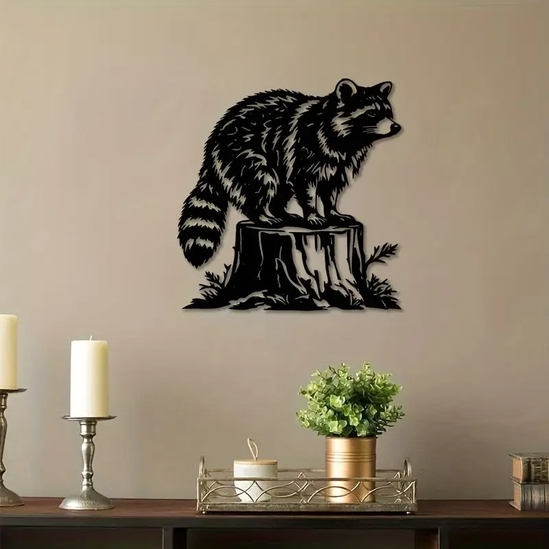 CIFBUY Metal Wall Art Forged Iron Black Raccoon Stump Sculpture Home Garden Outdoor Weather Resistant Hanging Decor