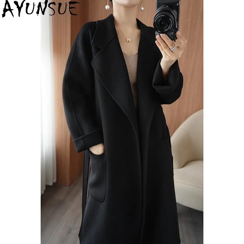 

100% Wool Coat Women Winter 2022 Trend Double-sided Woolen Jackets Ladies Long Coat Women Belt Overcoat Femal Coats Abrigo Mujer