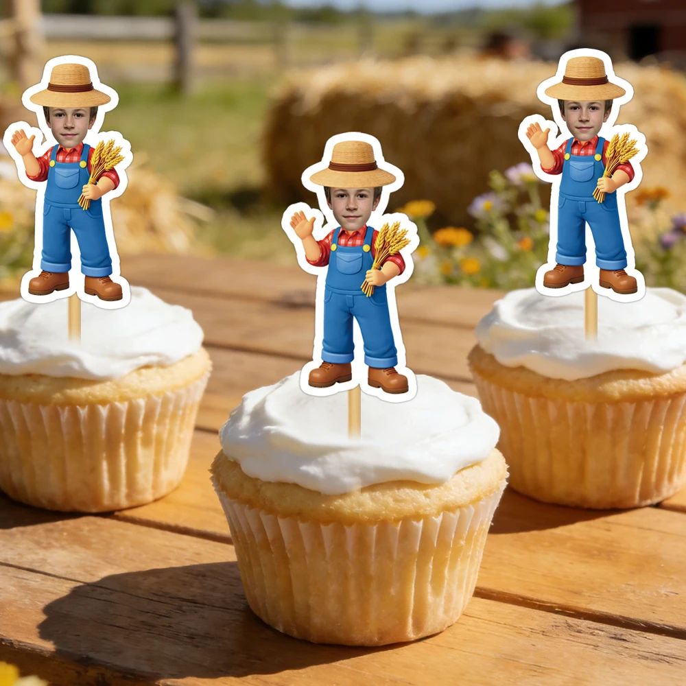 6/12 Stück personalisierte Cupcake-Topper mit Geburtstagsfoto, individuelles Gesichtsfoto für die Kuchendekoration einer Geburtstagsparty im Bauernhof-Stil