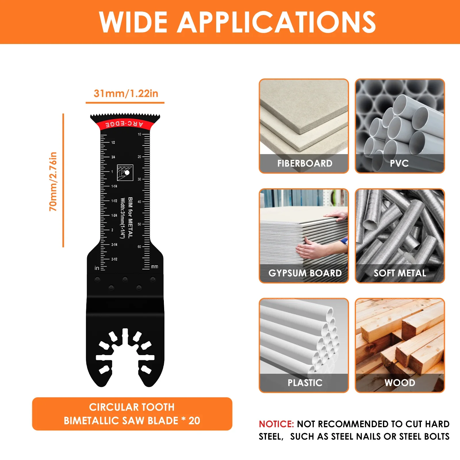 Hojas de sierra oscilantes bimetálicas, Kit de cuchillas de corte multiherramienta oscilantes de borde de arco para madera dura de Metal blando, 20 piezas