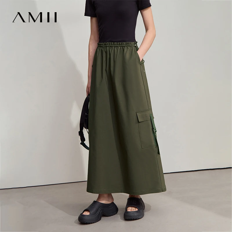 

AMII Casual Halter Loose 2025 Summer Bustier Military Green Sports Acorn Drawstring Pleated Split Women A Line Skirt 12542200