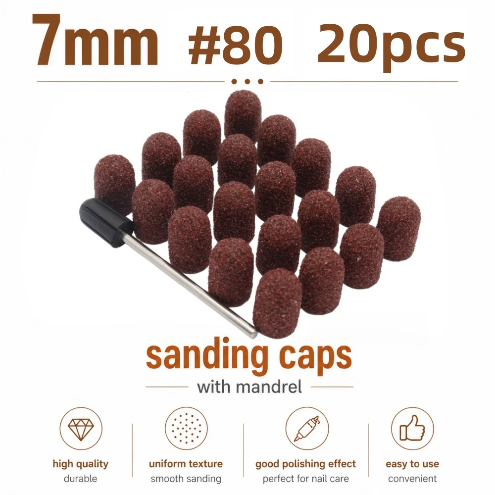 20Pcs 7mm Nail Sanding Caps with Mandrel – Professional Pedicure & Manicure Drill Bits, 80/120/180 Grit, High Quality, Durable, view 3