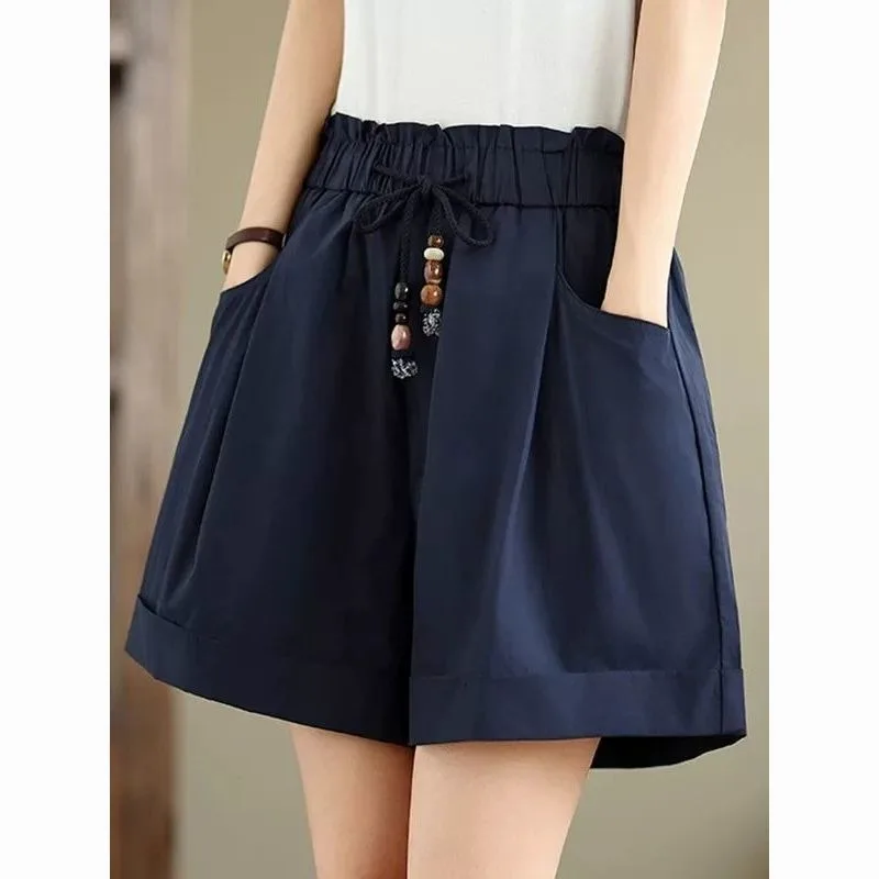 Women's Navy Blue High Waist Shorts Elastic Drawstring Casual Wide Leg Shorts with Pockets