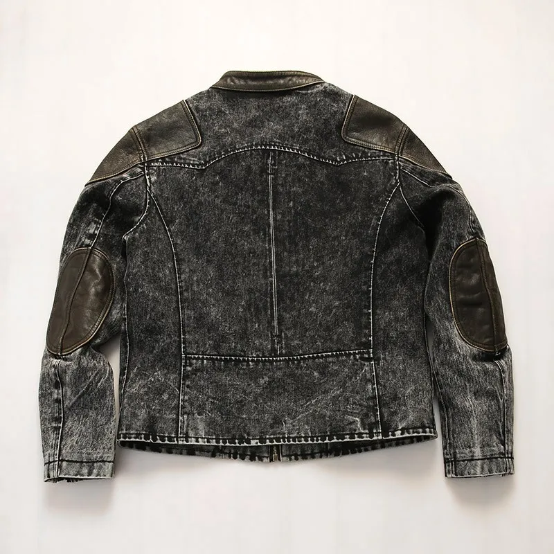 Patchwork leather heavy-washed oil-wax cowhide coat