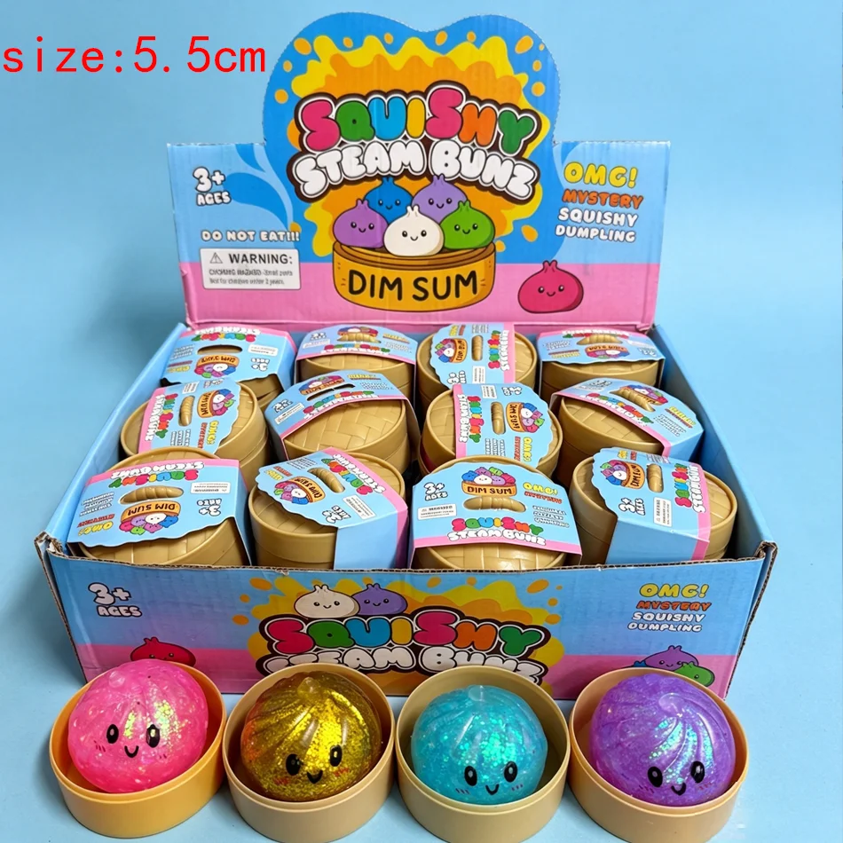 Nouveaux jouets sensoriels anti-stress en forme de dumplings scintillants, 4 styles colorés, avec boîte