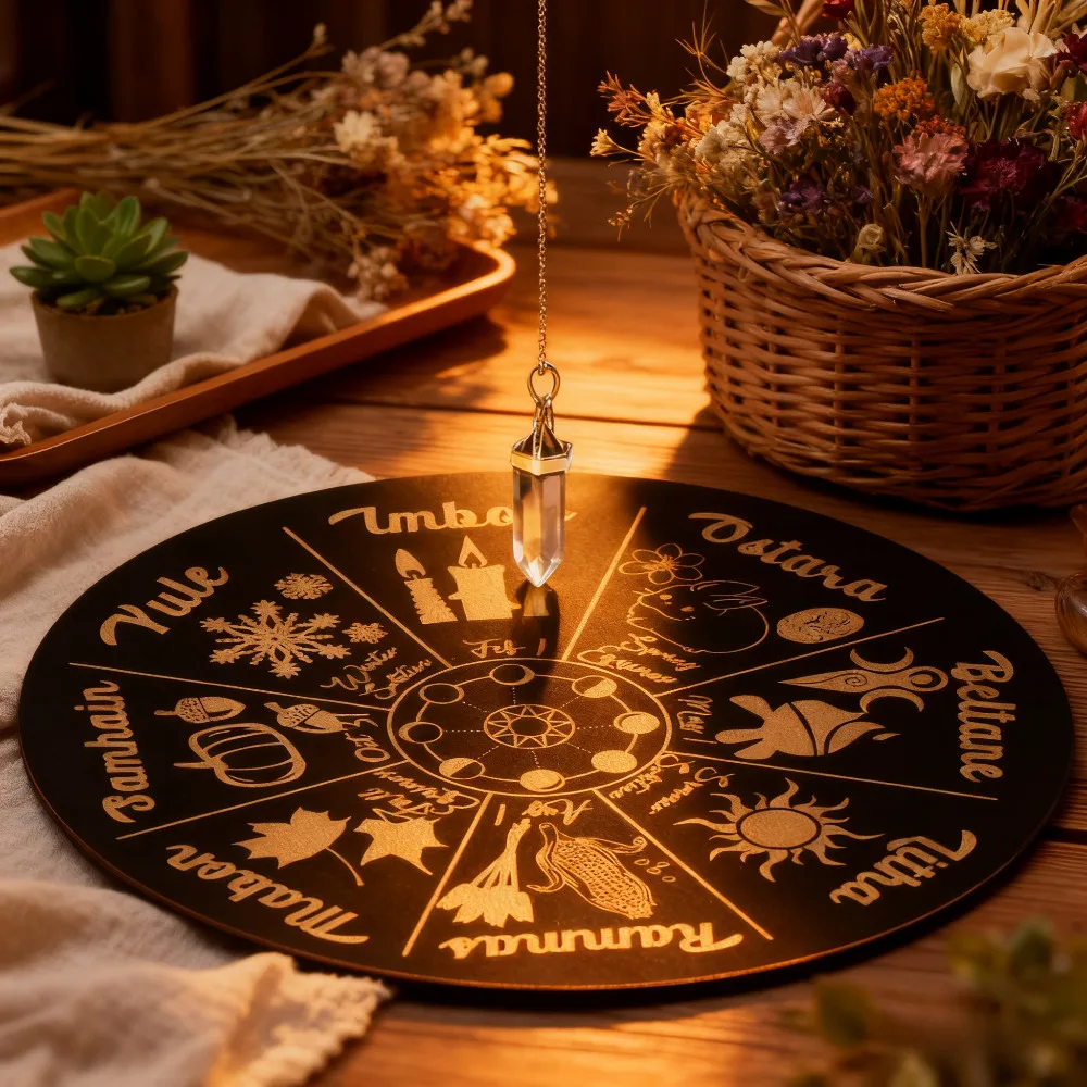 Laser Engraved Wheel of the Year Wood Mat with 8 Seasonal Symbols for Spiritual Practices Supplies for Rituals & Divination