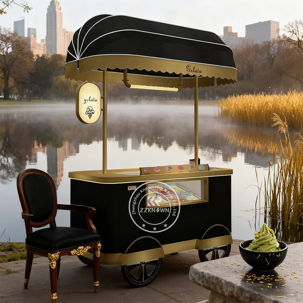 

Ice Cream Trolley Cart Mobile Food Cart with LED Lights Ice Cream Freezer Cabinet Food Cart Street Food Kiosk
