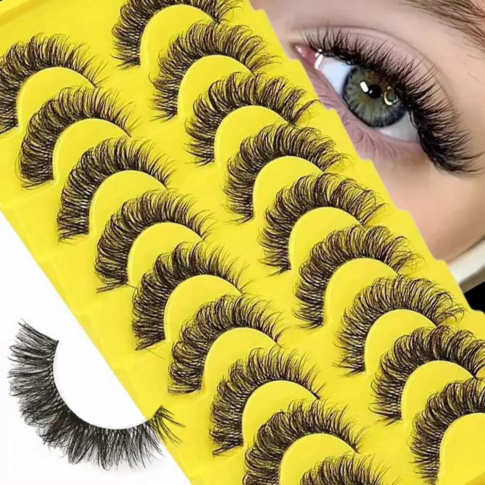 10 Paar Wimpern mit transparentem Band, natürlich, flauschig, 3D-Effekt, Katzenaugen-Wimpern, russische Streifenwimpern für einen natürlichen Look