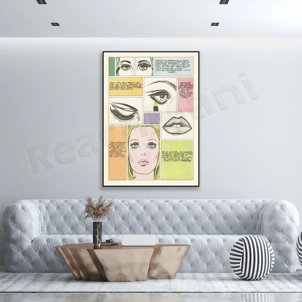 Trendy makeup tips, comic style pop art, how to apply lipstick eyeshadow beautiful fashion poster