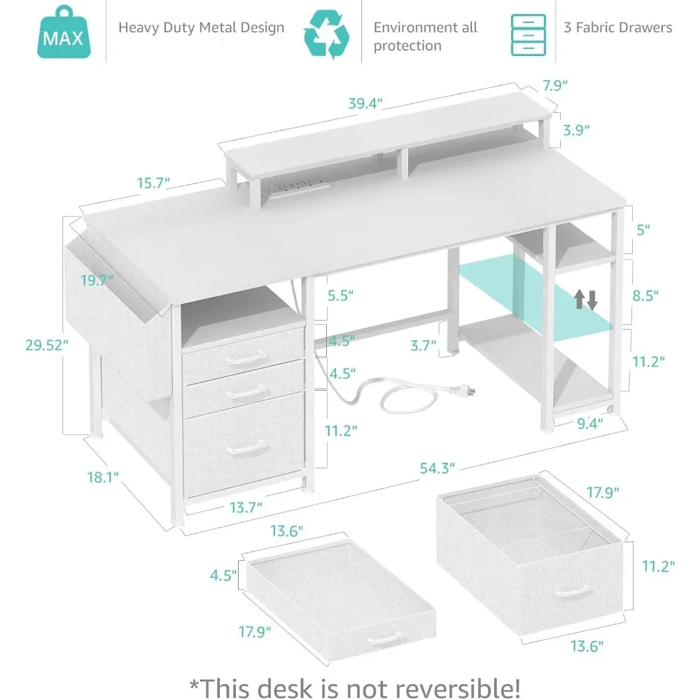 Computer Desk with File Drawers Cabinet, 55 Inch Home Office Desk with Monitor Stand Shelves, Writing Study Desks with Led