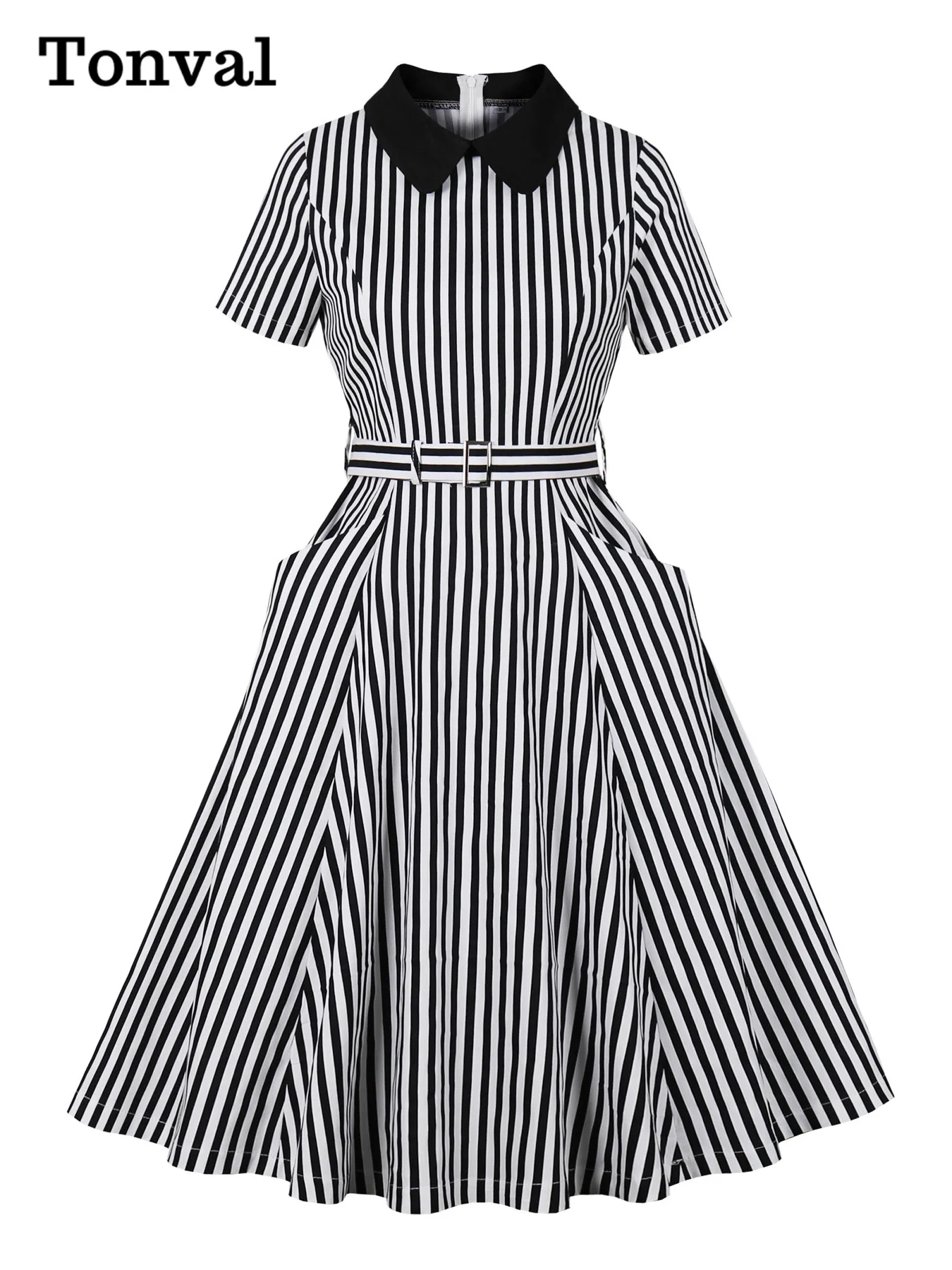 פטטר פן צווארון שחור לבן השמלות שמלות קיץ 50 בגדי וינטג 'בגדי נשים כיסים שמלה כותנה בצד