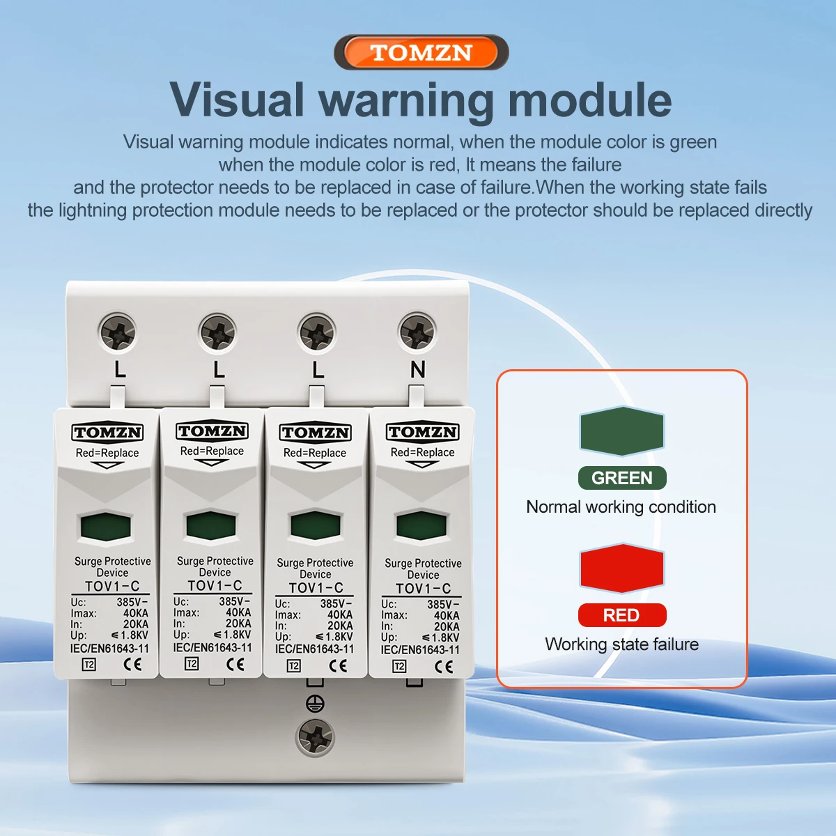 TOMZN AC SPD 3P+N 20-40kA 275/385/420VAC House Surge Protector protection Protective Low-voltage Arrester Device Lightning OB0 - Image 5