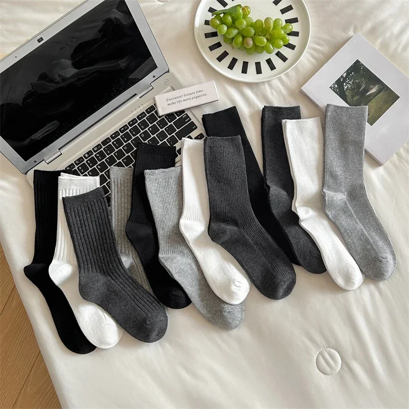 

4 Pairs Women's Socks New Simple Solid Color Fashion Spring Summer Striped Socks For Girls Breathable Soft Classic Socks Casual