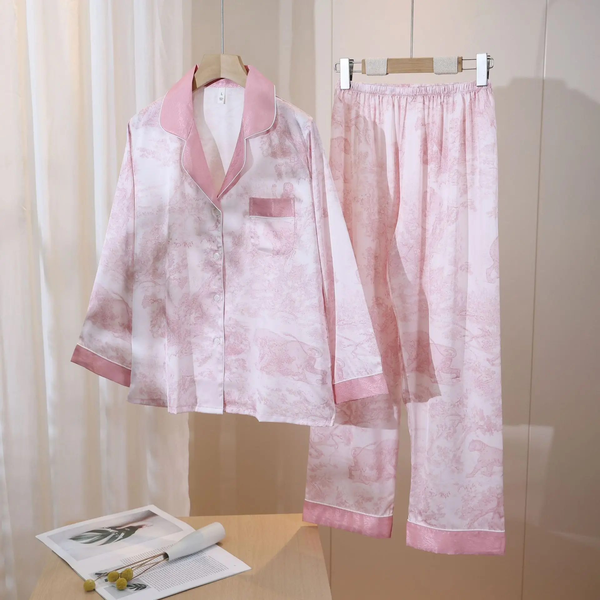 

Модный пижамный комплект из 2 предметов с цветочным принтом, женская одежда для сна, весна-лето, брючные костюмы, одежда для дома, свободная атласная домашняя одежда, пижамный костюм