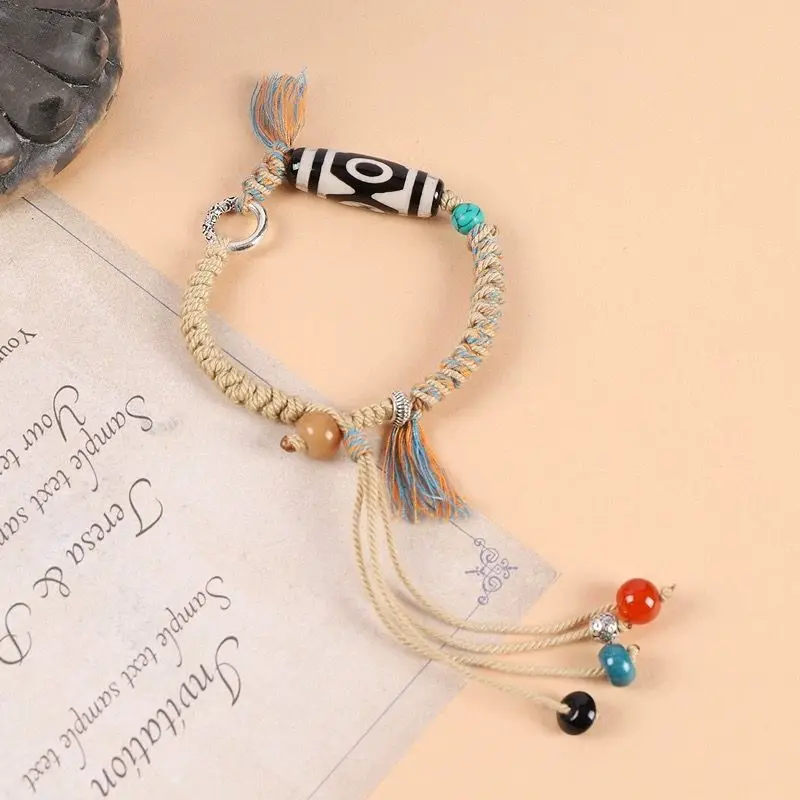 Original Design Retro Nine Eyes Beads Men and Women Hand Rope Tibetan Woven Bracelet Hand Rope Tassel Ethnic Style Lucky Jewelry