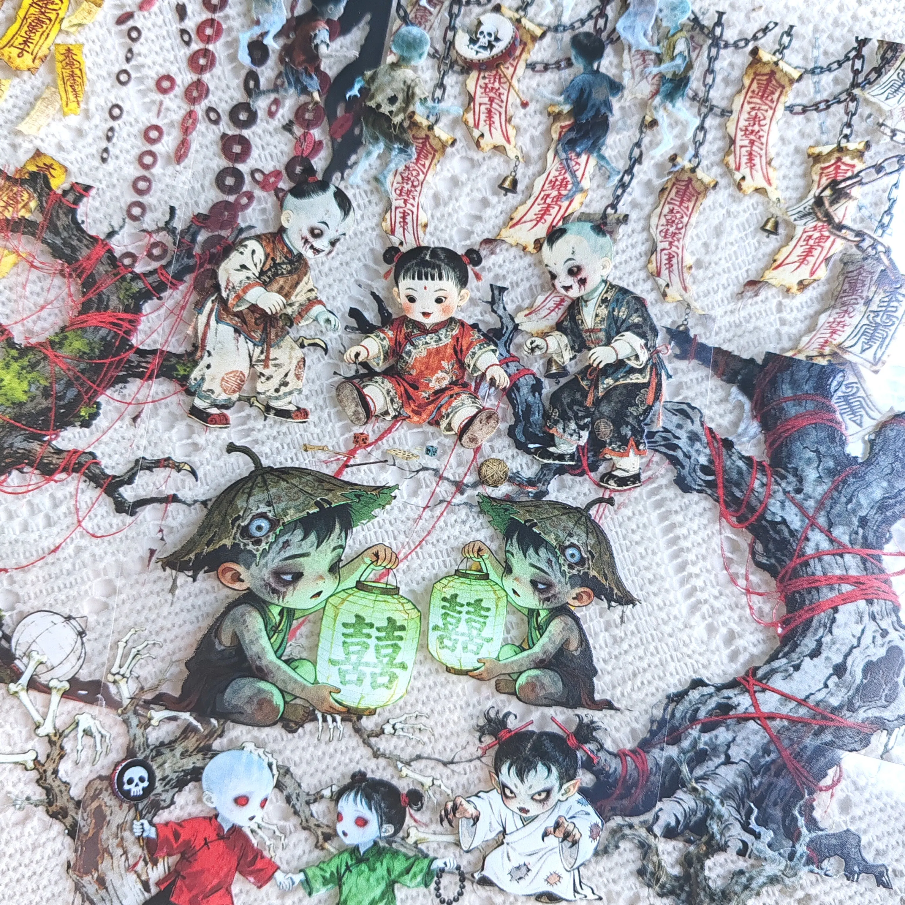 Pet Tape Journal Chinese Style Horror Little Ghost Evil Tree Binding Dark Collage Decoration Card Landscaping