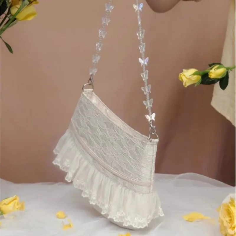 JIAERDI Lolita Lace Sweet Handbag Women Vintage Fairycore Aesthetic Bow Chic Shoulder Bags Purse Female Retro Underarm Bag Bolso