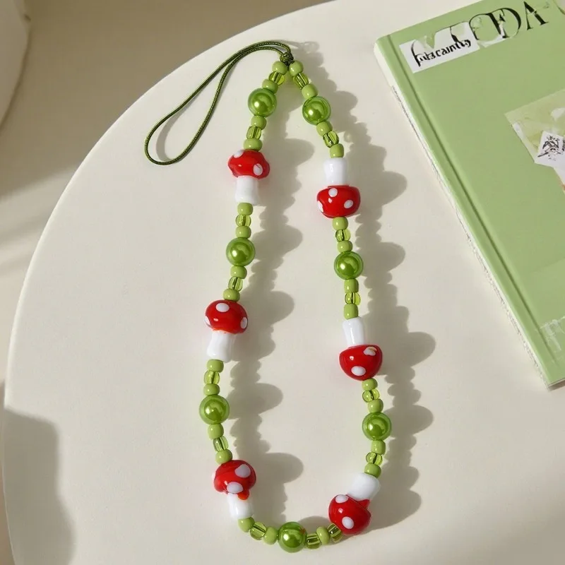 Cadena para Teléfono con Cuentas de Cerámica en Forma de Hongo, Cadena de Cuentas Tejida a Mano, Linda y Moderna, Accesorios para la Muñeca, Ideal como Regalo para Mujeres
