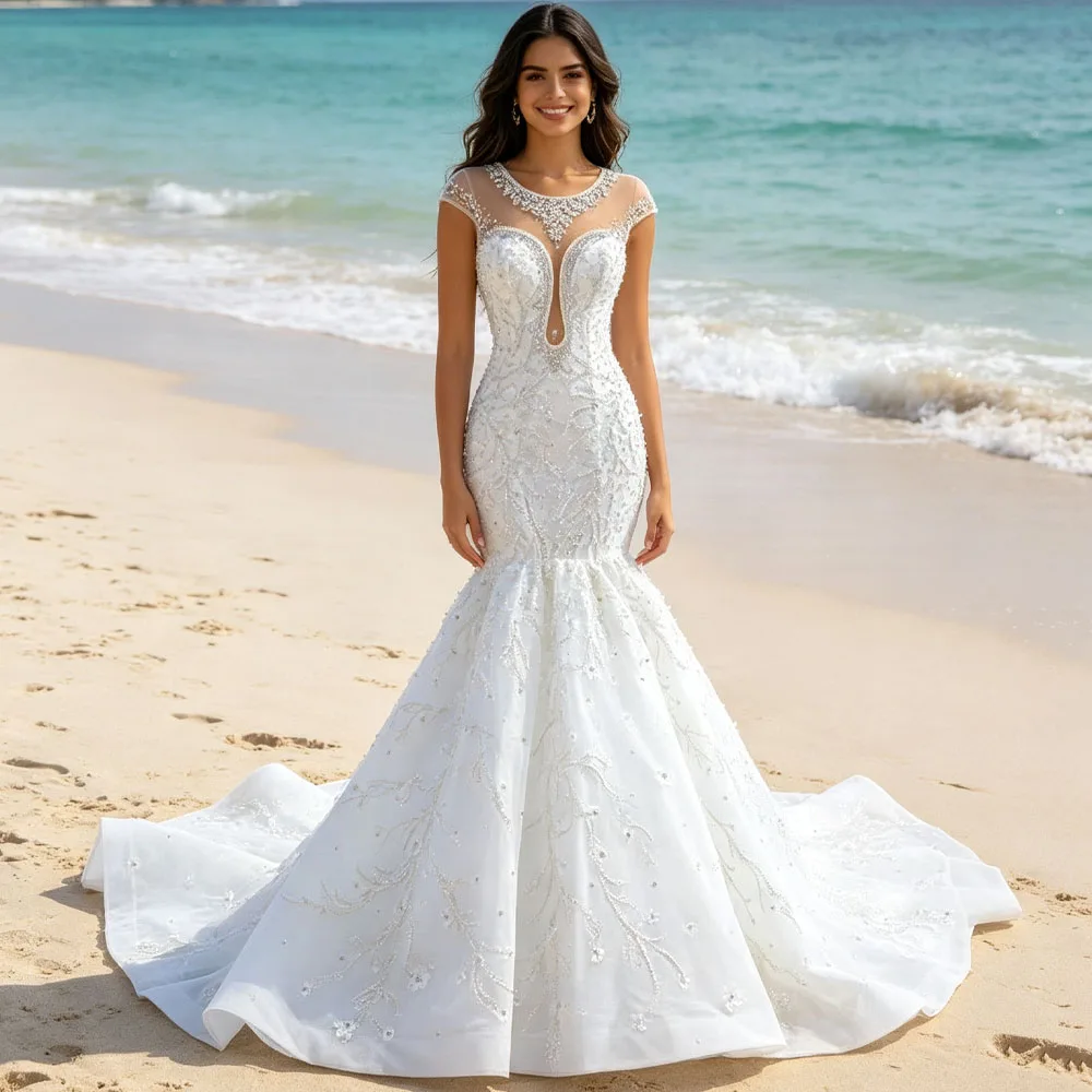Sexy O Neck Cap Sleeves Lace Up Back Wedding Dress Crystal Beading Customized Sheath Fit Trumpet Bridal Dress