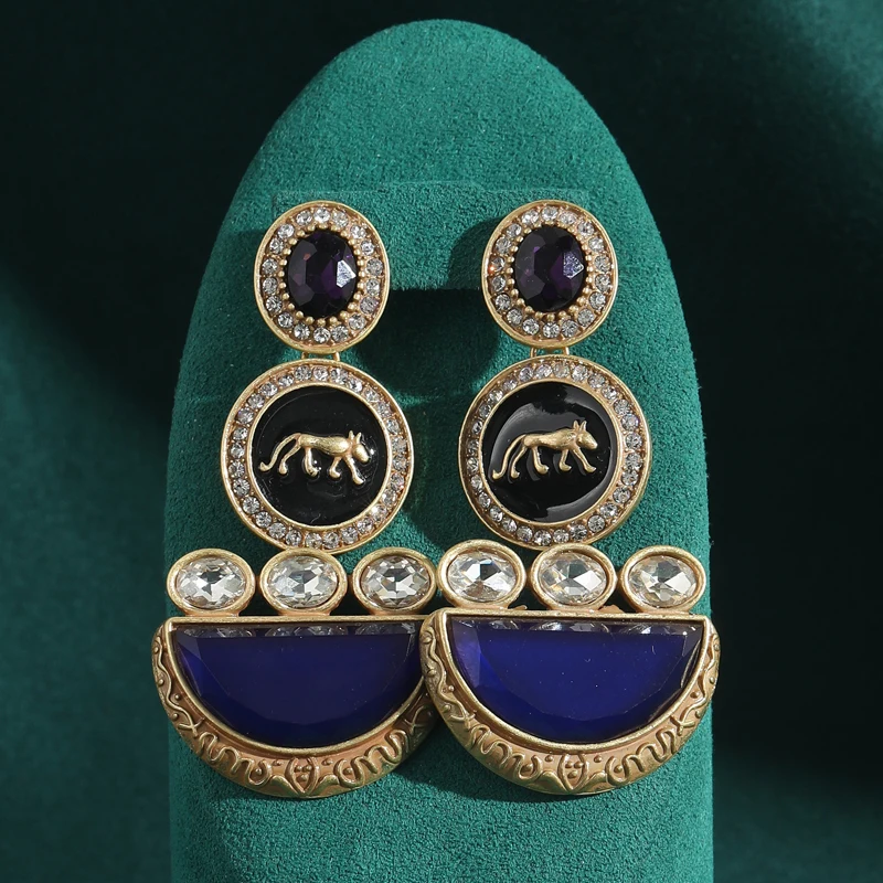 

Vintage Leopard Drop Dangle Blue Earrings Jewelry Luxury Crystal Antique Gold Color Charm Rhinestones Woman Accessories 2025