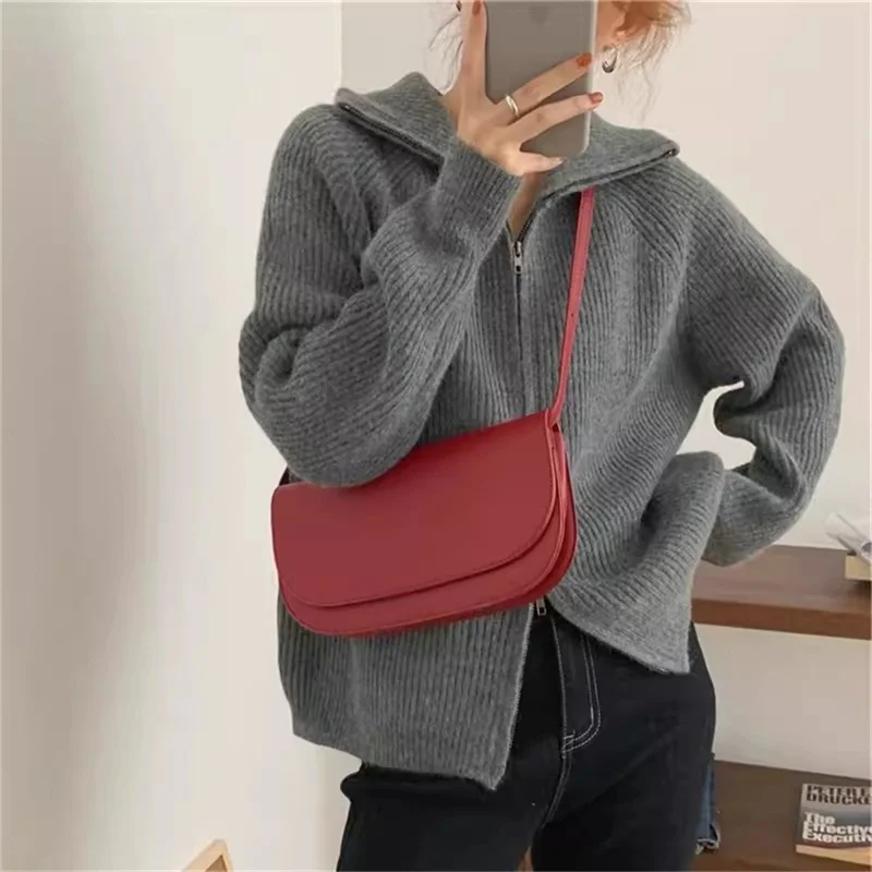 Thickened Knitted Cardigan Korean Instagram Zipper Sweater Flip Neck Sweater for Women Autumn and Winter Lazy Style Solid Color