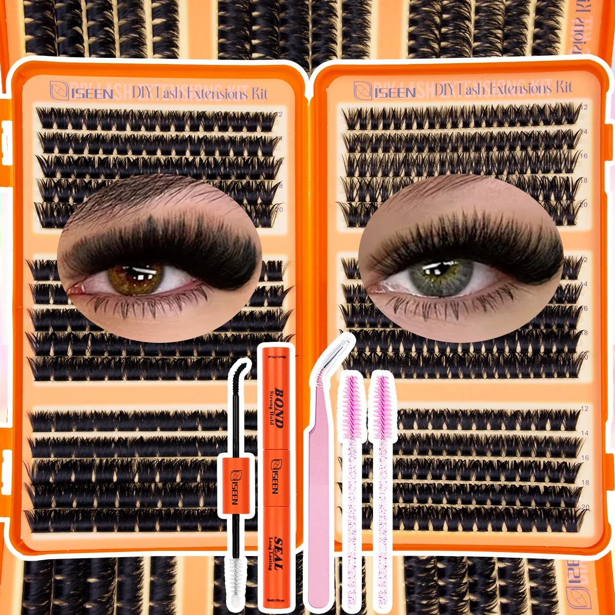 Individual Lashes Cluster C Curl 3D Wispy DIY Eyelash Extension Large Capacity Super Thin Band with Bond&Seal Tweezer Reuseable