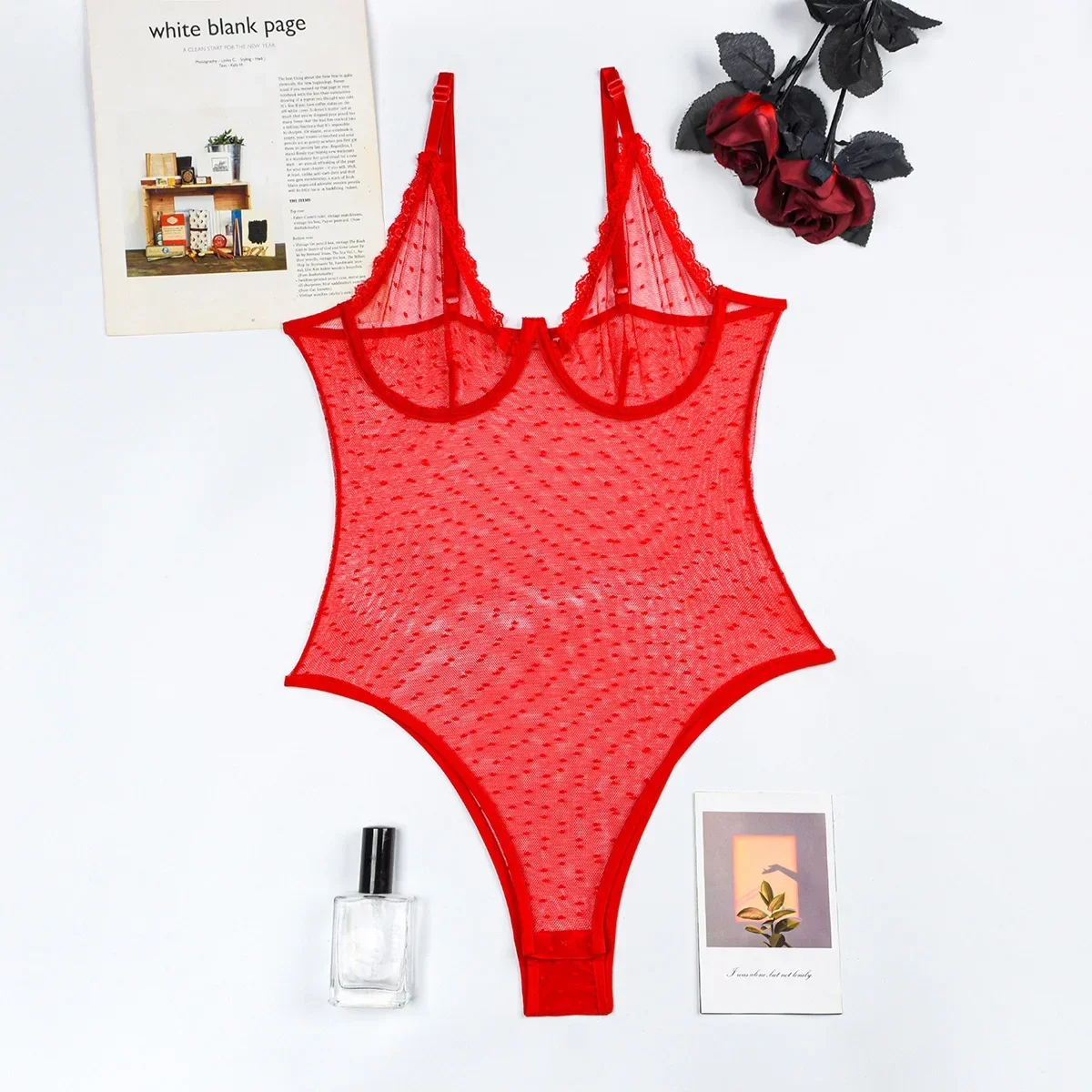 Nieuwe polka dot mesh bodysuit patchwork kanten body sensuele naadloze tops transparant eendelig crotchless nauwsluitend