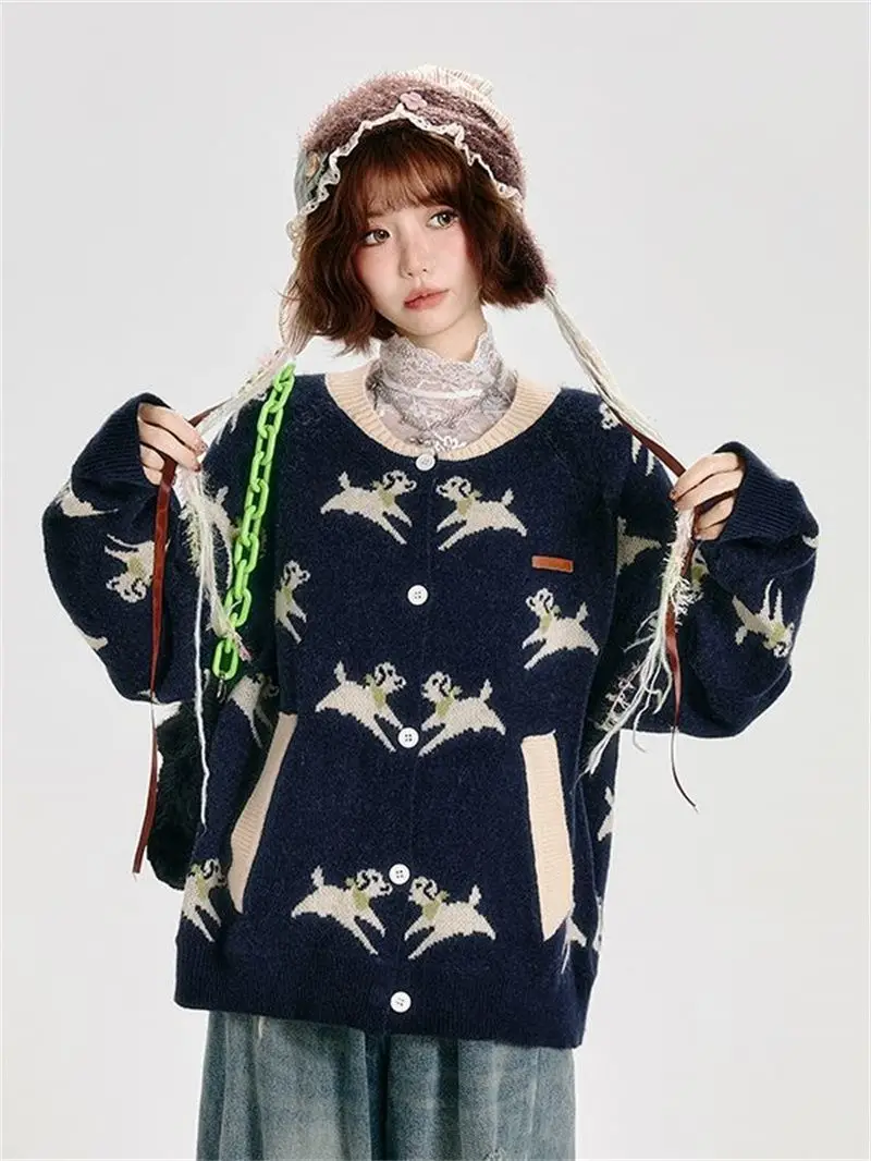 

Cartoon Dog Pattern Jacquard Long Sweater Thin Cardigan Women's Autumn Sweatshirt Outerwear Female Long Sleeved Knitted Cardigan