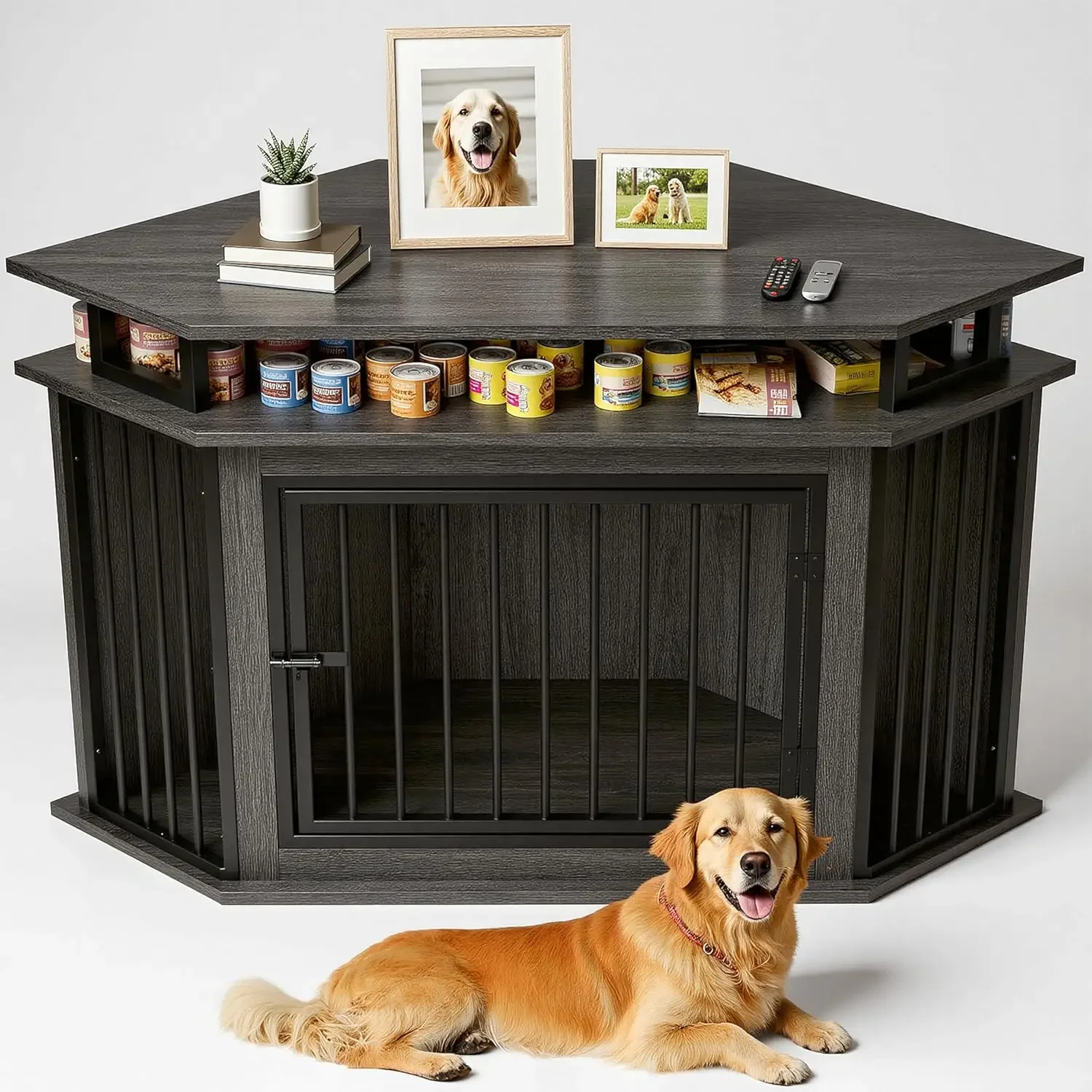 

51" Corner Wooden Dog Crate Furniture with 2-Tier Shelves, Pet Kennel for Large Dogs, Space-Saving Dog Cage Indoor, Rustic Brown