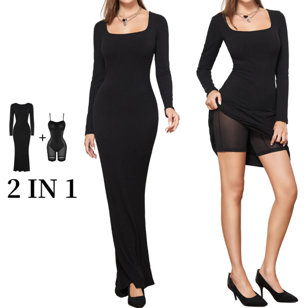 Long Body Shapewear Dresses Women Long Sleeves Tight Full Body Shaper Control Slips Built in Shapewear Bra in 1 Sexy Girl