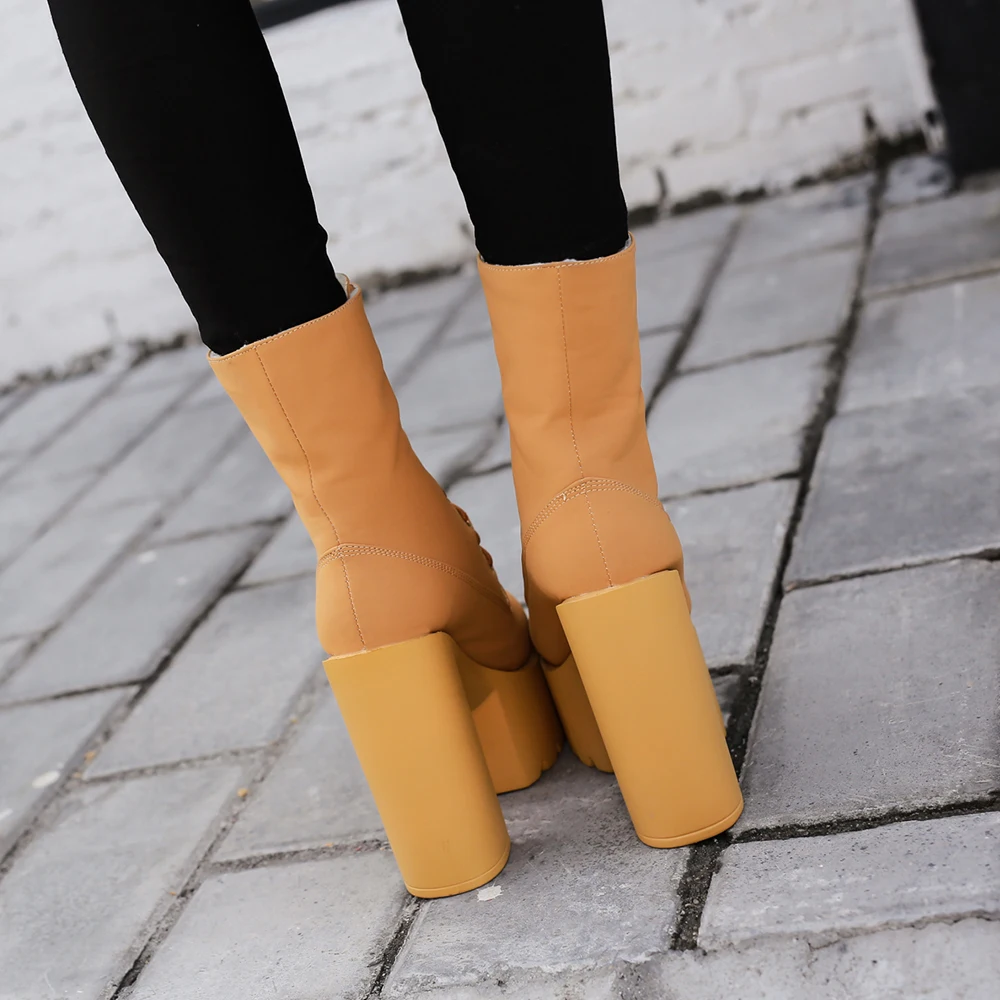 Gdgydh Women Mid Calf Platform Boots with Block Heel Korean Style Lace Up Winter Dress Boots Warm Fur Ultra High Heels T-Stage