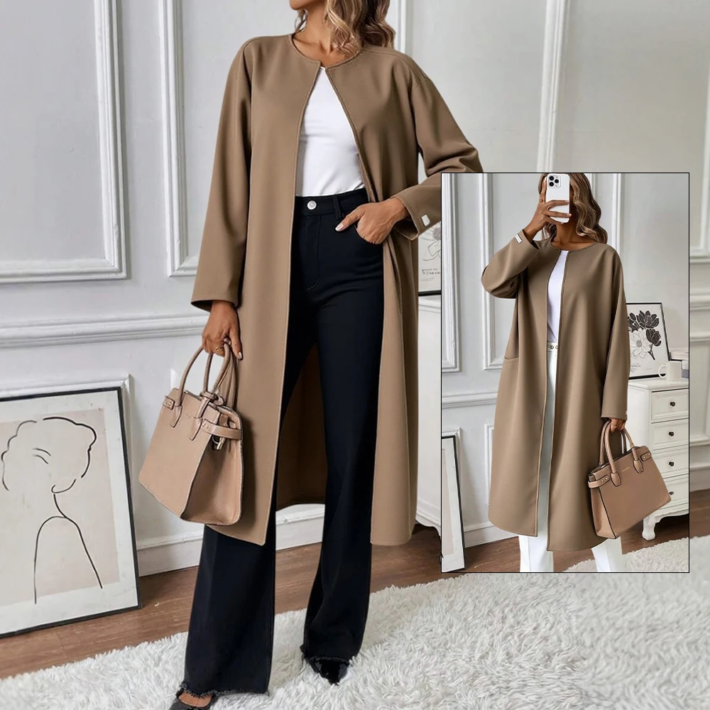 

Женский длинный плащ из смесовой шерсти большого размера с карманами, модный кардиган с открытой передней частью, повседневные куртки, уличная одежда