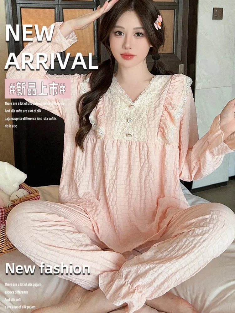 Plus Size Women Comfortable Pajamas Spring Sweet Homewear Clound Cotton Long Sleeve Trouser Set Sleepwear Can Be Worn Outside