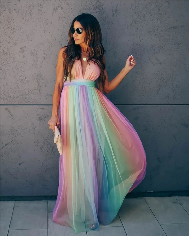 Fantasy Deep V Neck Rainbow Women Party Dress Sexy Mesh Sleeveless Backless Evening Dress Fashion Big Hem Pendulum Vestidos Robe