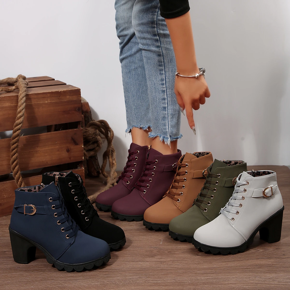 

Women Ankle Boots 2025 New Autumn Large Size Comfortable Women Shoes Fashion Warm Thick Heel Lace Up High Heels Boots Women
