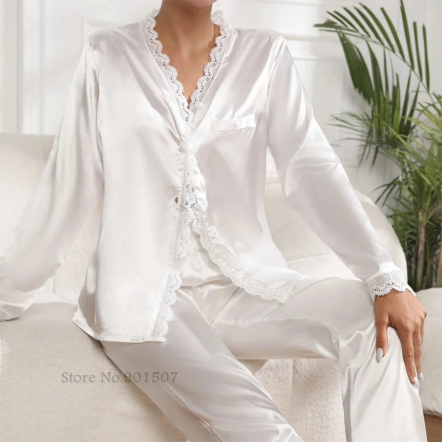 

Female Pajamas Set V-Neck Lace Trim Nightwear Long Sleeve Trouser Suit Spring Autumn Pijamas Suit Sleepwear Rayon Home Clothes