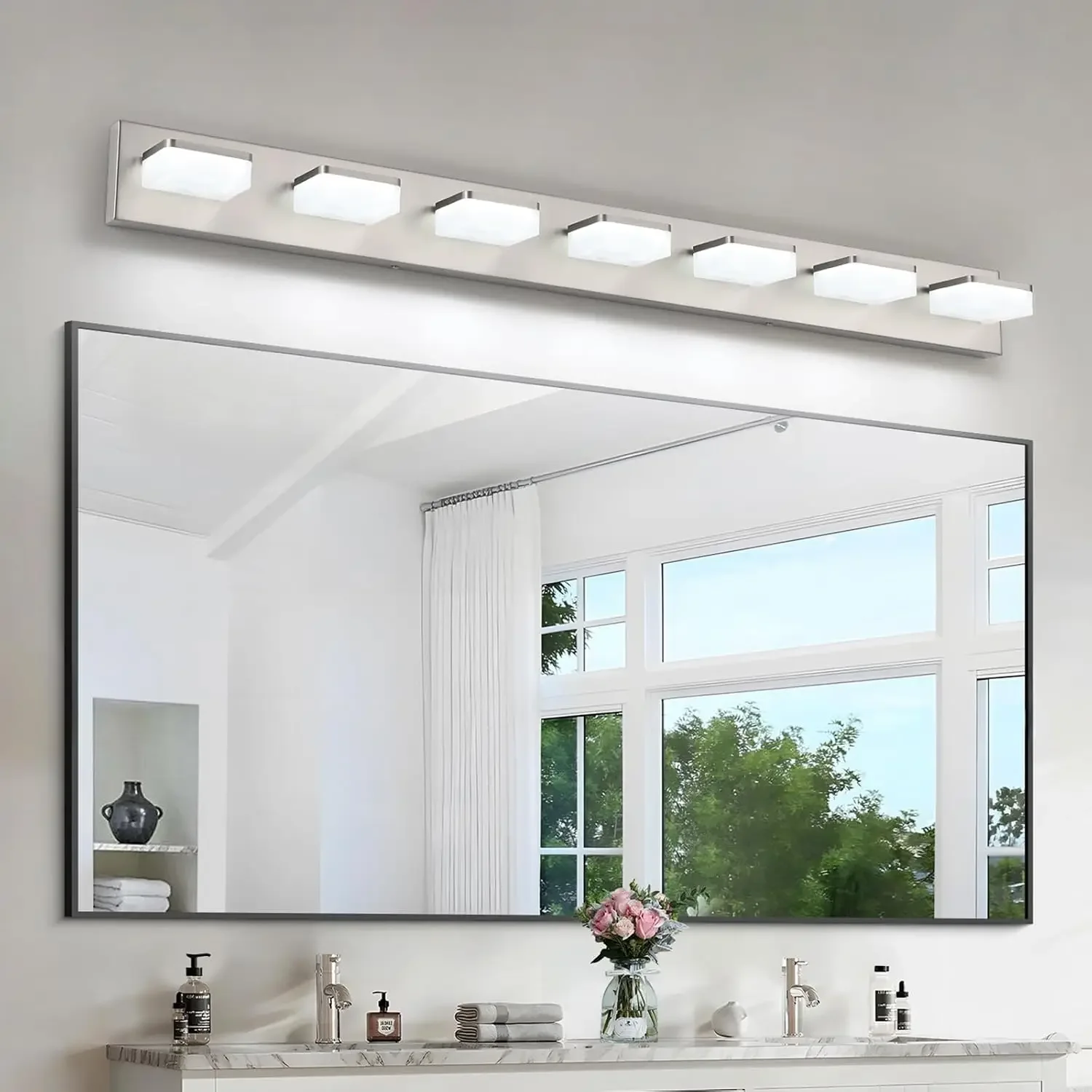 7-Light Bathroom Vanity Light Fixture Over Mirror, Nickel LED Vanity Lighting Fixtures, 45.67 inch Modern Bathroom Wall Light Fi