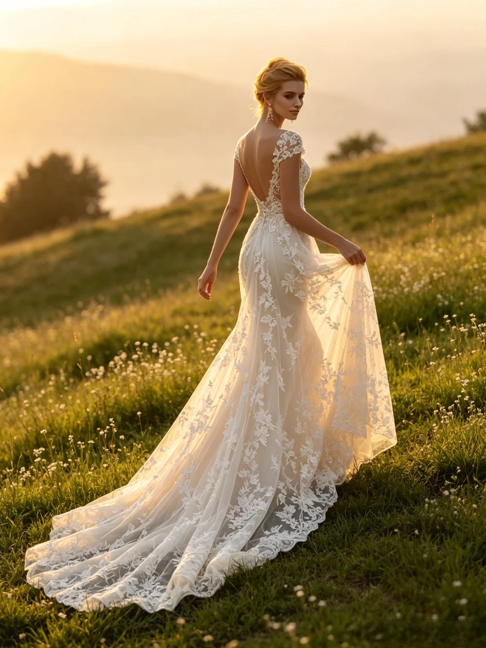 Customized Off Shoulder Lace Mermaid Wedding Dress V Neck Tulle Bridal Gown with Detachable Train Romantic Backless Bride Dress