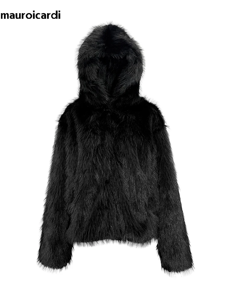 Mauroicardi Jesień Zima Cool Short Oversized Black Thick Warm Soft Hairy Shaggy Faux Fur Coat Men with Hood Fluffy Jacket 2024