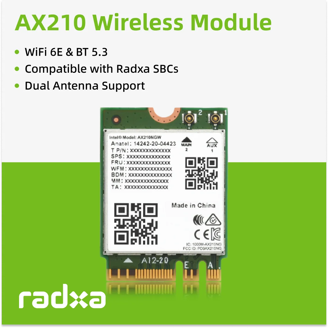 

Radxa AX210 Wireless Module, WiFi 6E & BT 5.3, Dual Antenna Support, M.2 E Key Interface