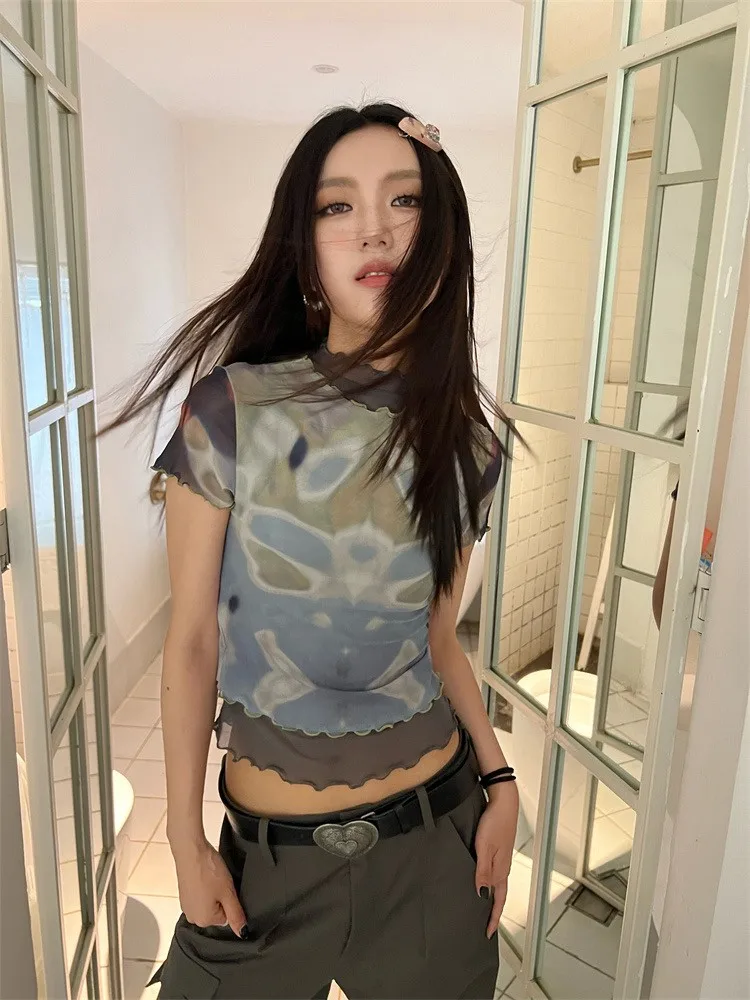 Genayooa Kawaii T Shirt Women Patchwork Mesh Tops Y2k Crop Tops Streetwear Retro Tee Tops Tie Dye Tshirts Japanese Grunge Tops