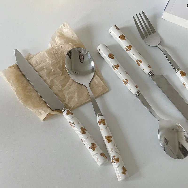 Cute Bear Stainless Steel Knife Fork Spoon with Ceramics Handle Lunch Tableware Coffee Dessert Fork Spoon Students Cutlery Set