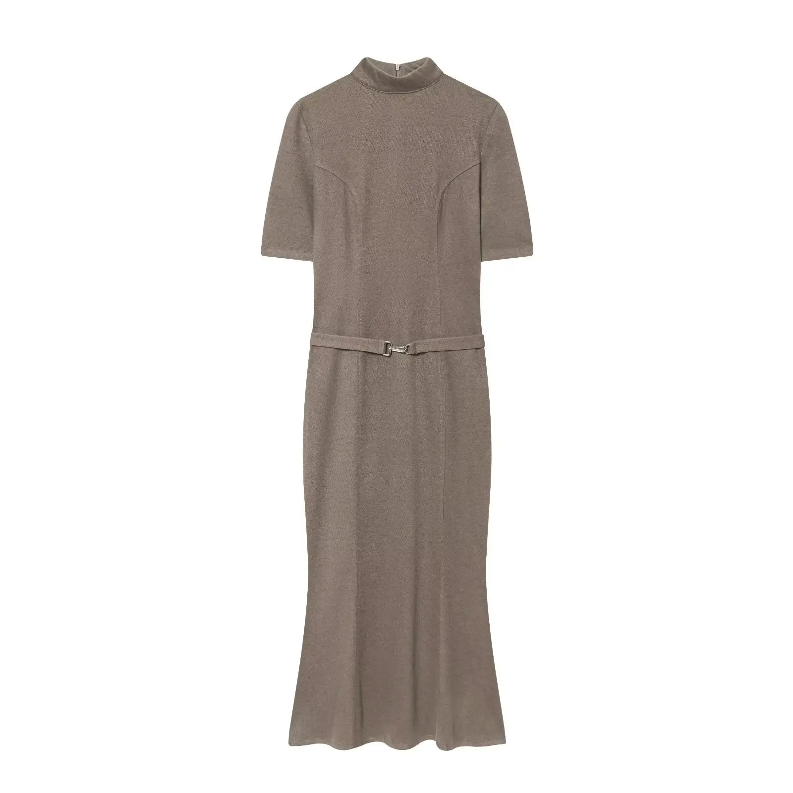 Women's Short-Sleeve Straight Maxi Dress Autumn Winter Premium Soft Fabric Belt Skirt Fashionable Slim-Fit High-Neck Petticoat