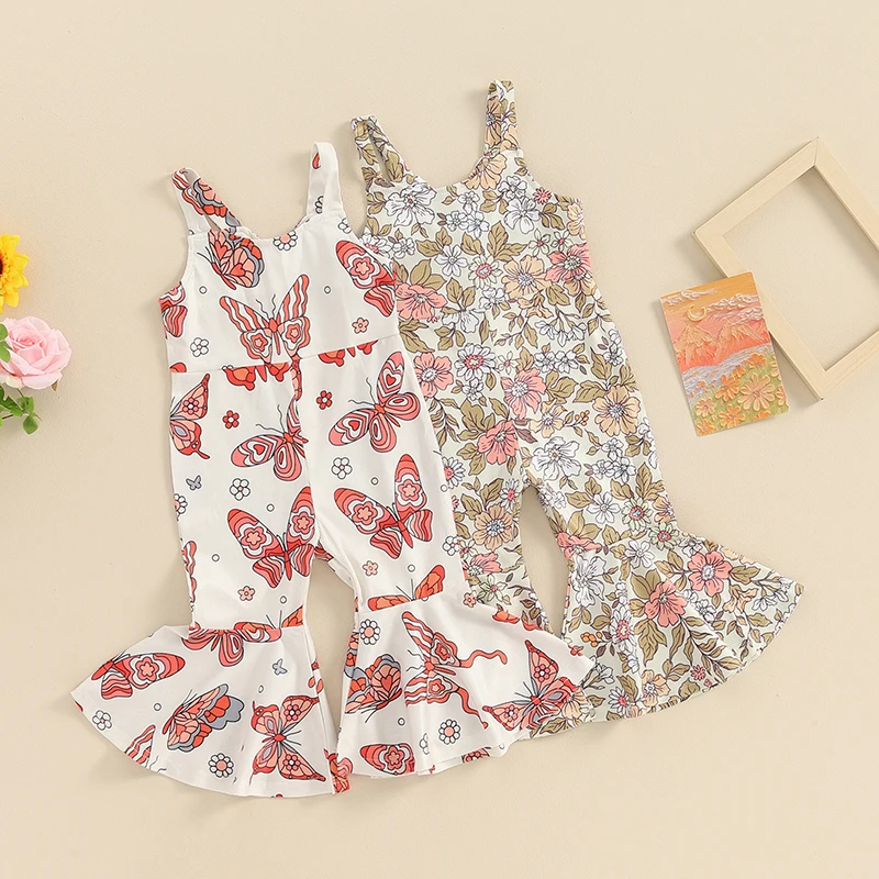 

Fashion Toddler Kid Baby Girls Summer Flare Jumpsuit Floral/Butterfly Print Sleeveless Bell-Bottoms Romper Clothes